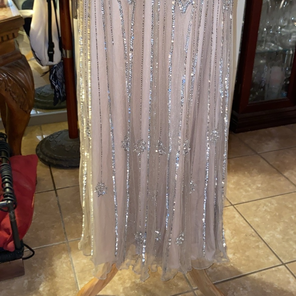 Pisarro Nights Beaded Mesh Column silver and gold beading Gown Womens Size 14 - Picture 4 of 11